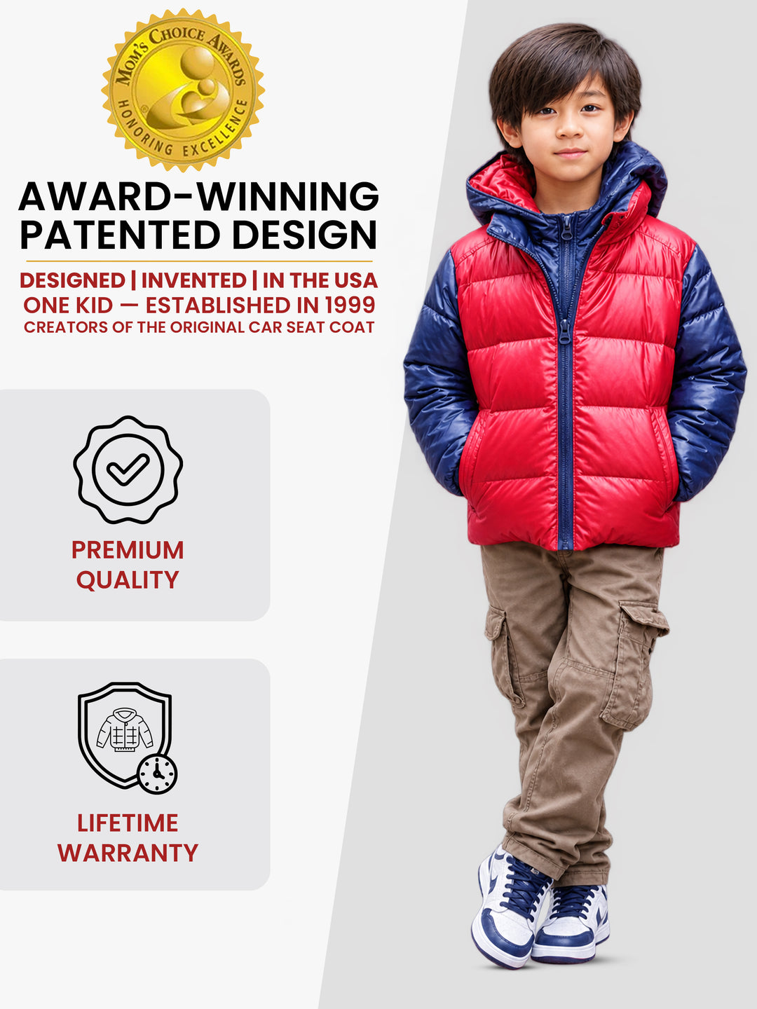 The Road Coat Down - Navy Red - Award-Winning Patented Kids Coat