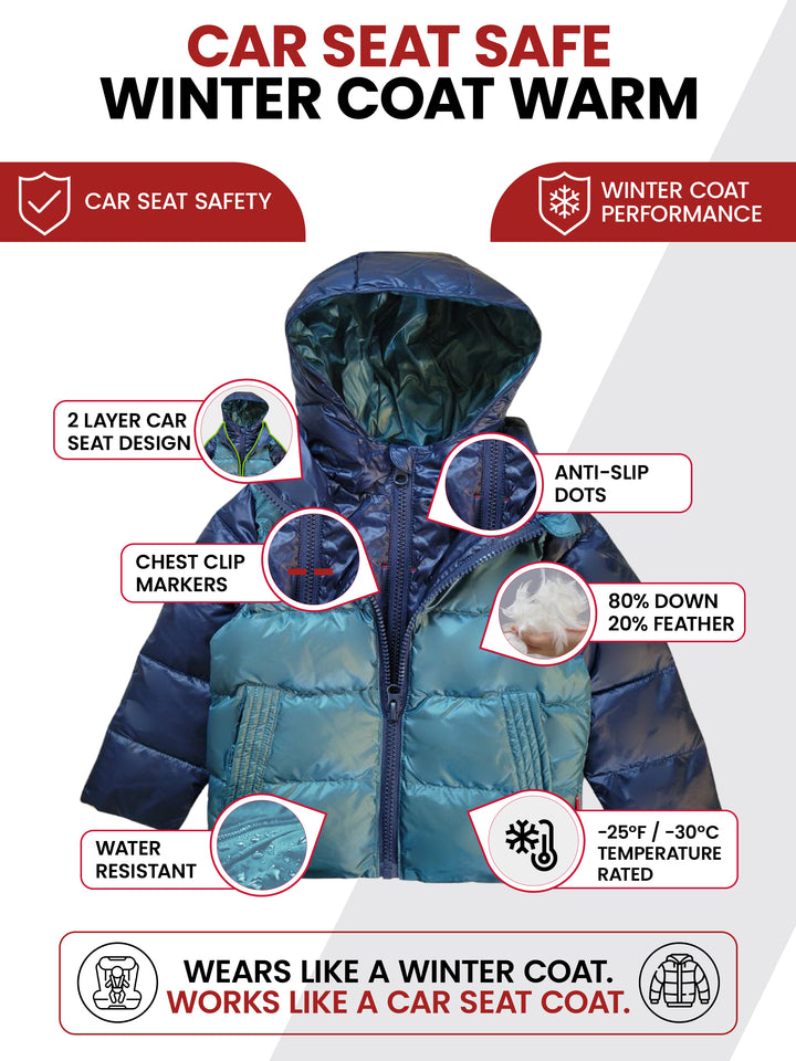 The Road Coat Down - Navy Teal - Car Seat Safe Winter Coat Features