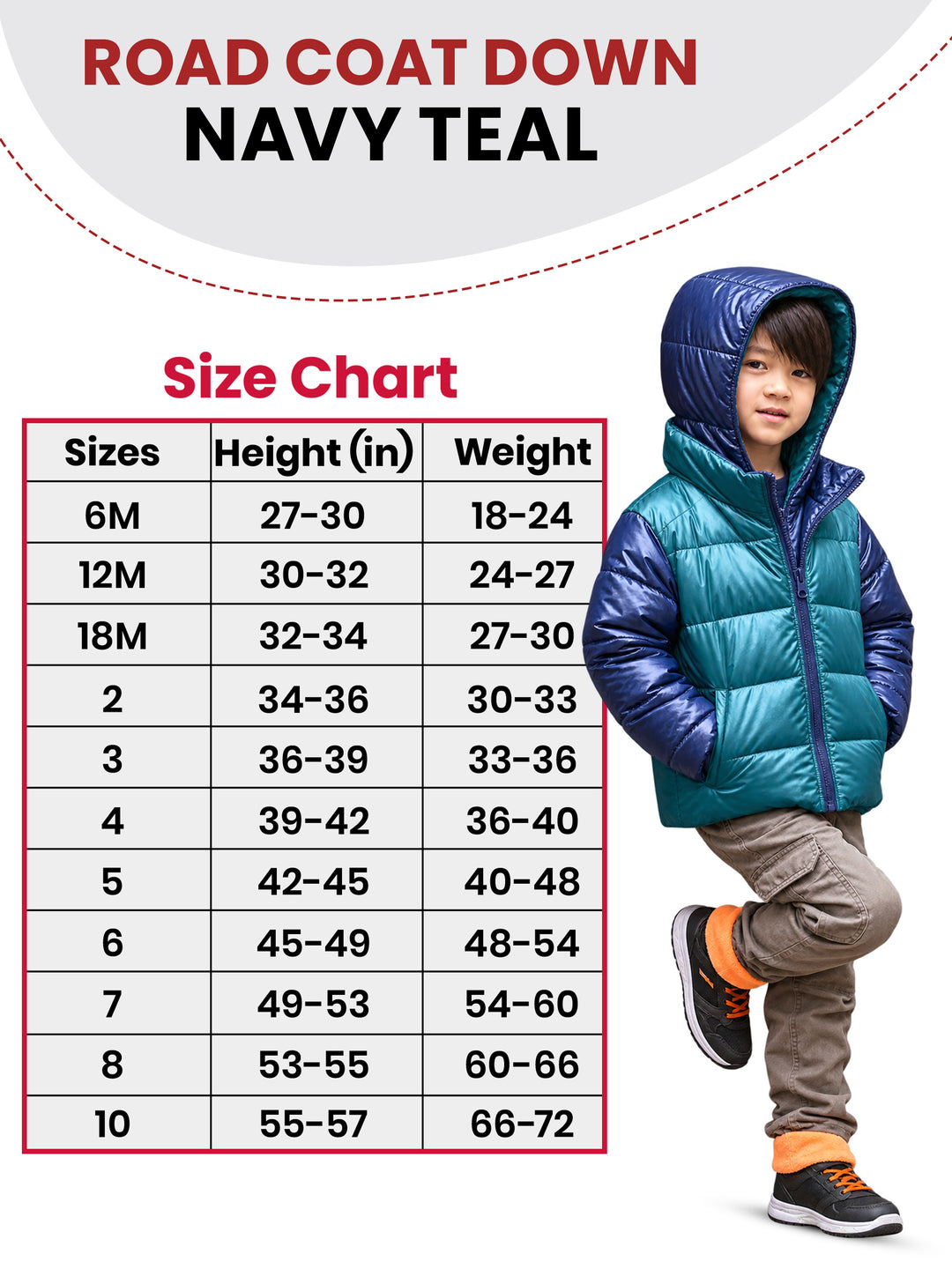 The Road Coat Down - Navy Teal - Kids Winter Coat Size Chart