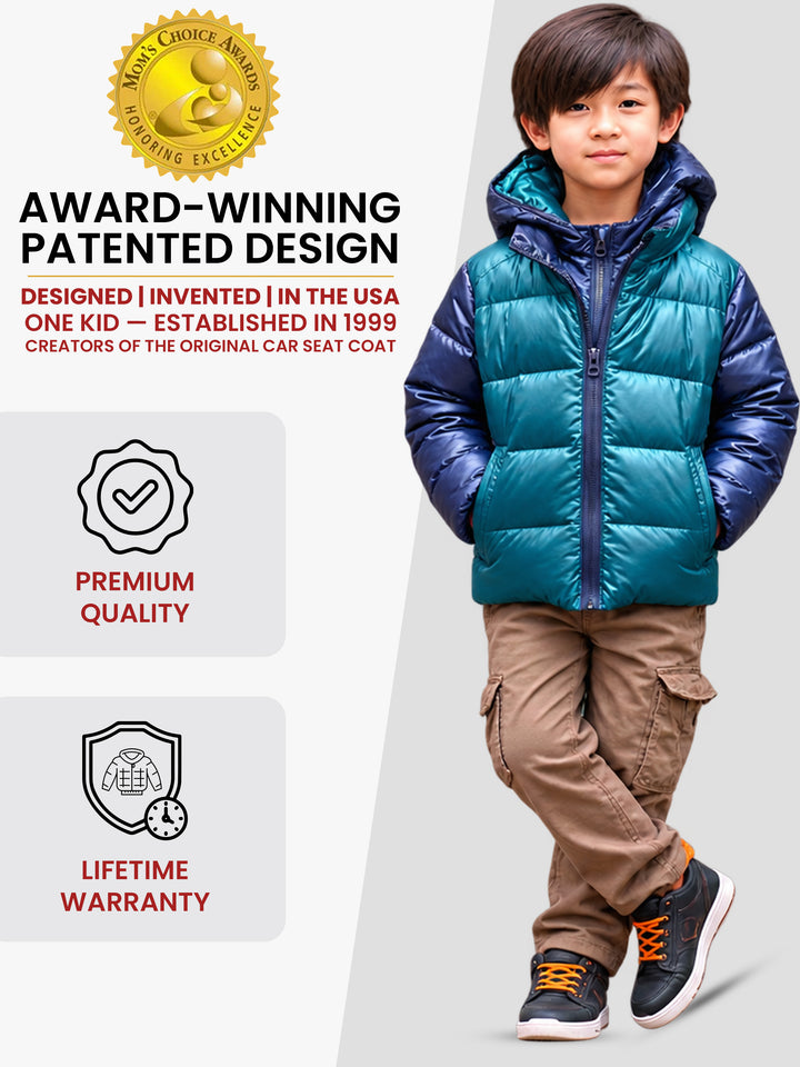 The Road Coat Down - Navy Teal - Award-Winning Patented Kids Coat
