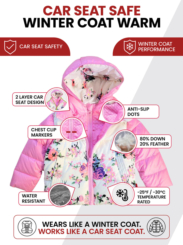 The Road Coat Down - Pink Floral - Car Seat Safe Winter Coat Features