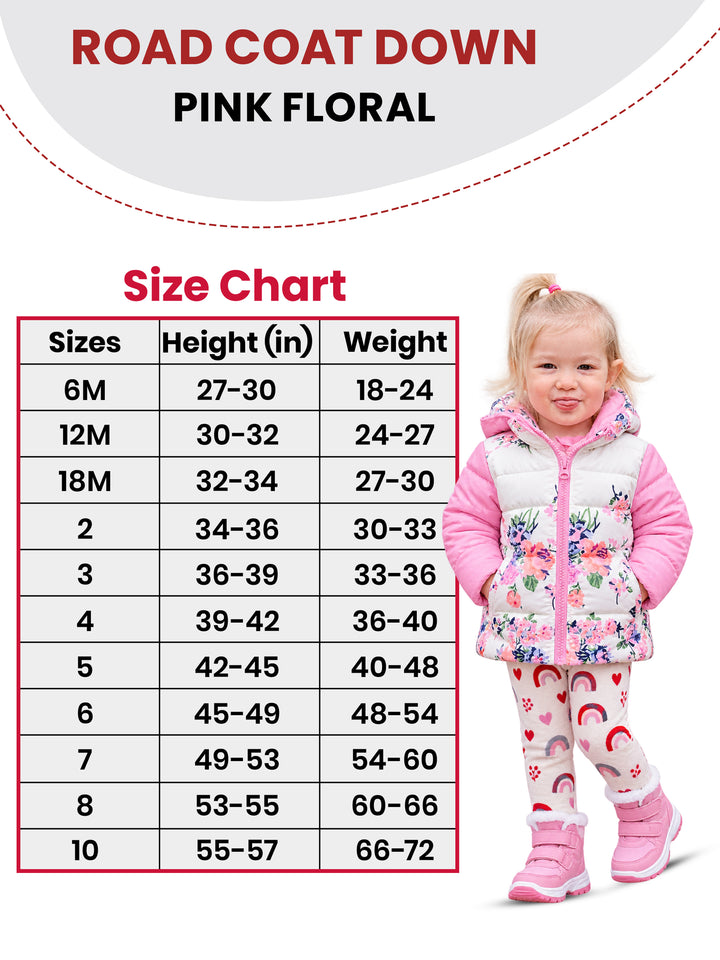 The Road Coat Down - Pink Floral - Kids Winter Coat Size Chart
