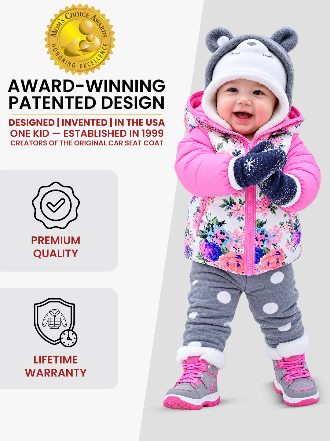 The Road Coat Down - Pink Floral - Award-Winning Patented Kids Coat