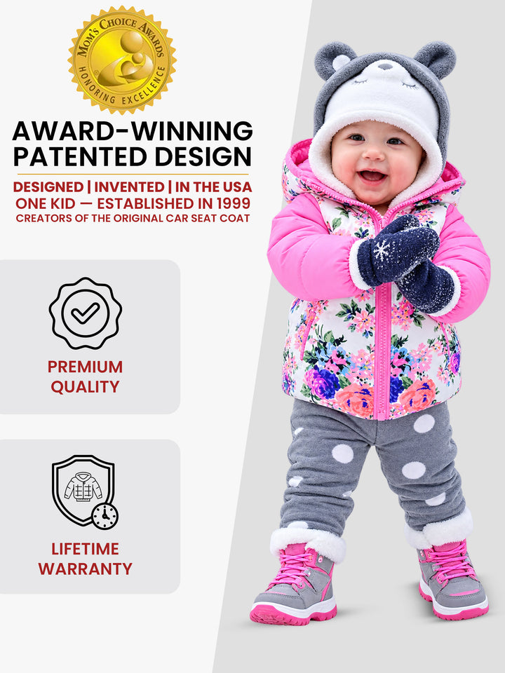The Road Coat Down - Pink Floral - Award-Winning Patented Kids Coat