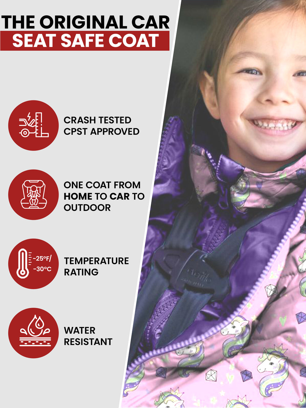 The Road Coat Down - Pink Unicorn - Original Car Seat Safe Coat