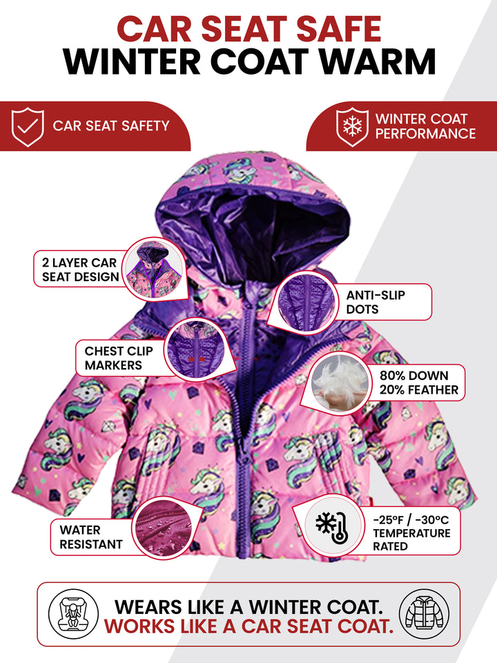 The Road Coat Down - Pink Unicorn - Car Seat Safe Winter Coat Features