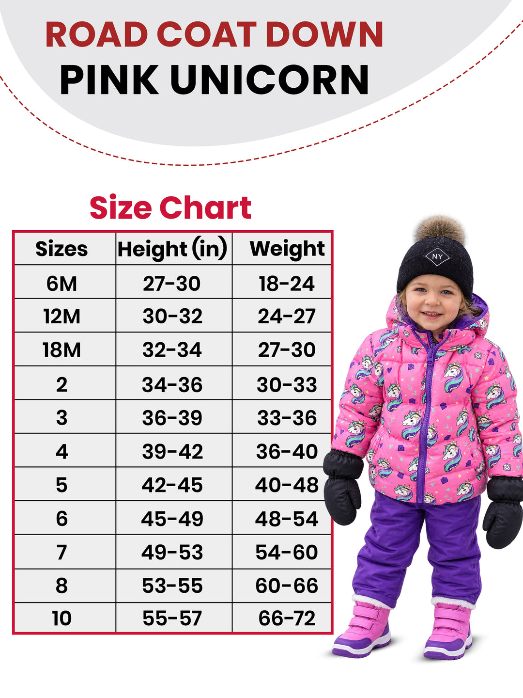 The Road Coat Down - Pink Unicorn - Kids Winter Coat Size Chart