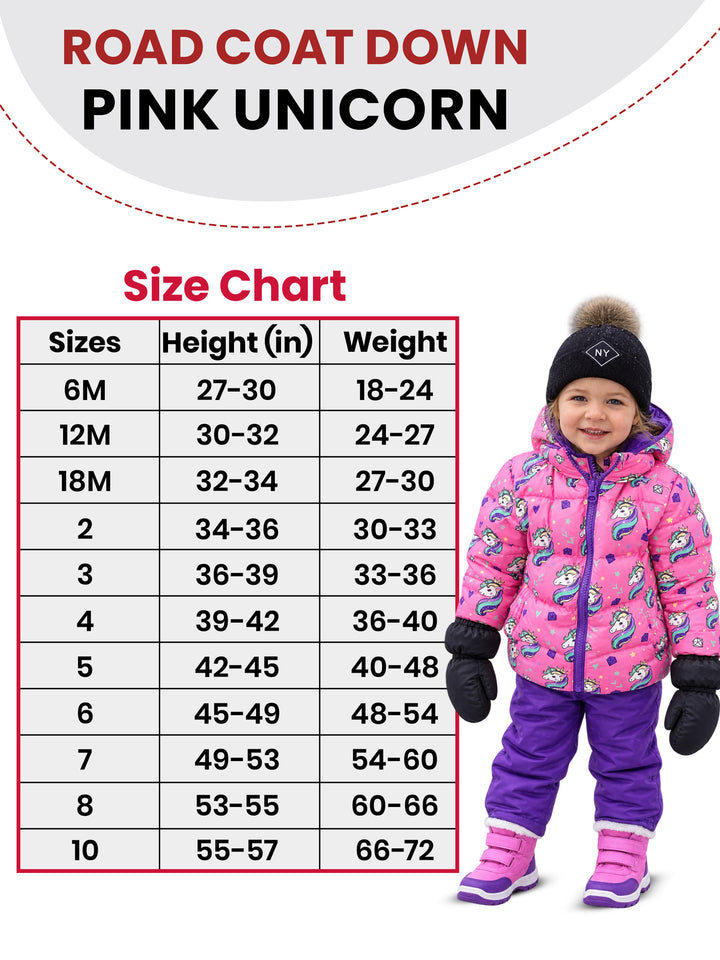 The Road Coat Down - Pink Unicorn - Kids Winter Coat Size Chart