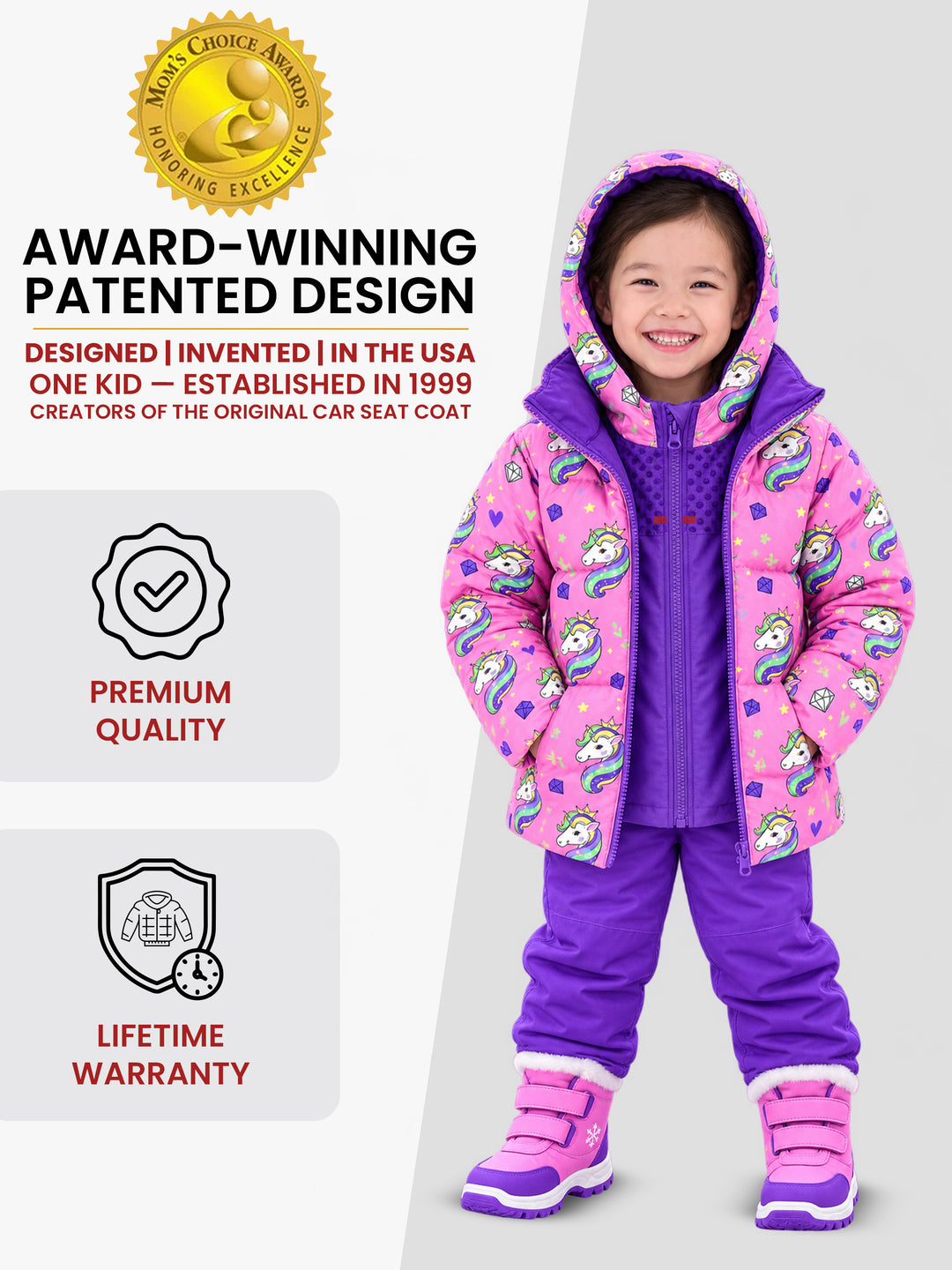 The Road Coat Down - Pink Unicorn - Award-Winning Patented Kids Coat