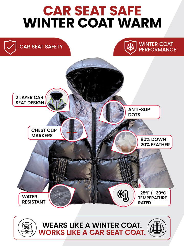 The Road Coat Down - Platinum Black - Car Seat Safe Winter Coat Features