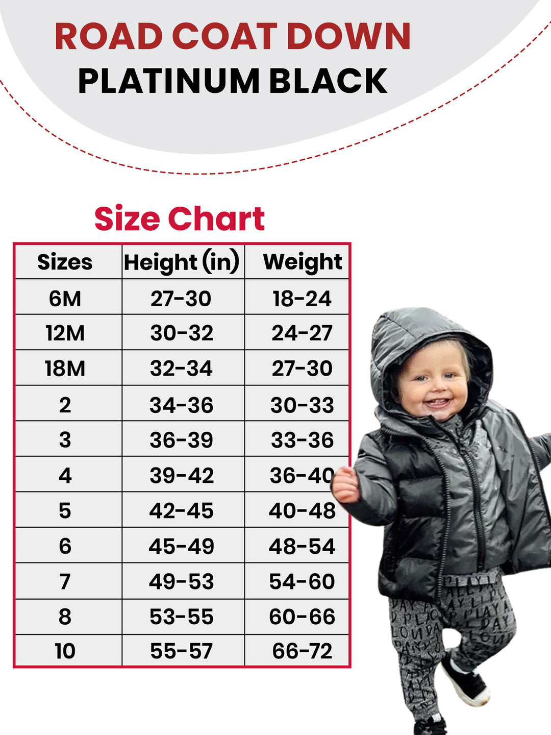 The Road Coat Down - Platinum Black - Kids Winter Coat Size Chart