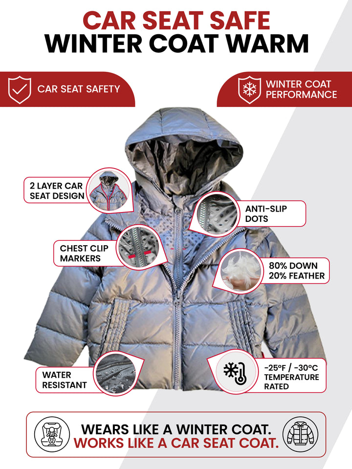 The Road Coat Down - Platinum - Car Seat Safe Winter Coat Features