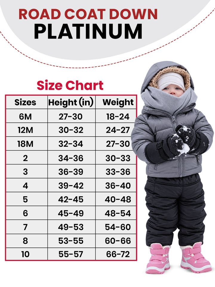 The Road Coat Down - Platinum - Kids Winter Coat Size Chart