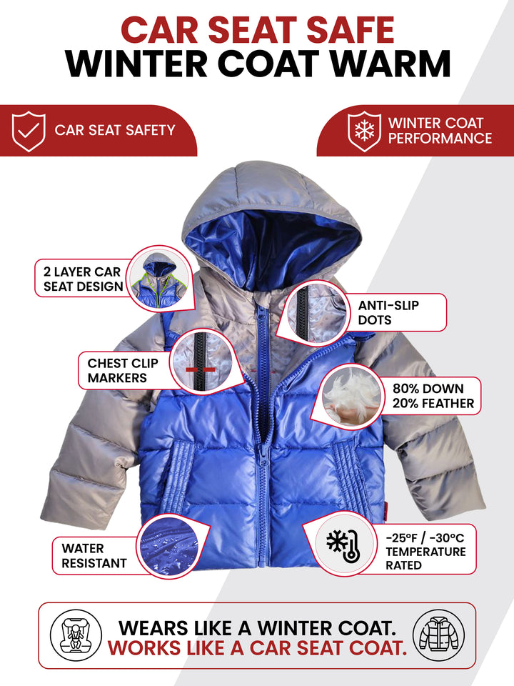 The Road Coat Down - Platinum Royal Blue - Car Seat Safe Winter Coat Features