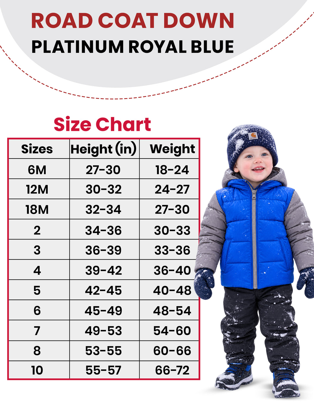 The Road Coat Down - Platinum Royal Blue - Kids Winter Coat Size Chart