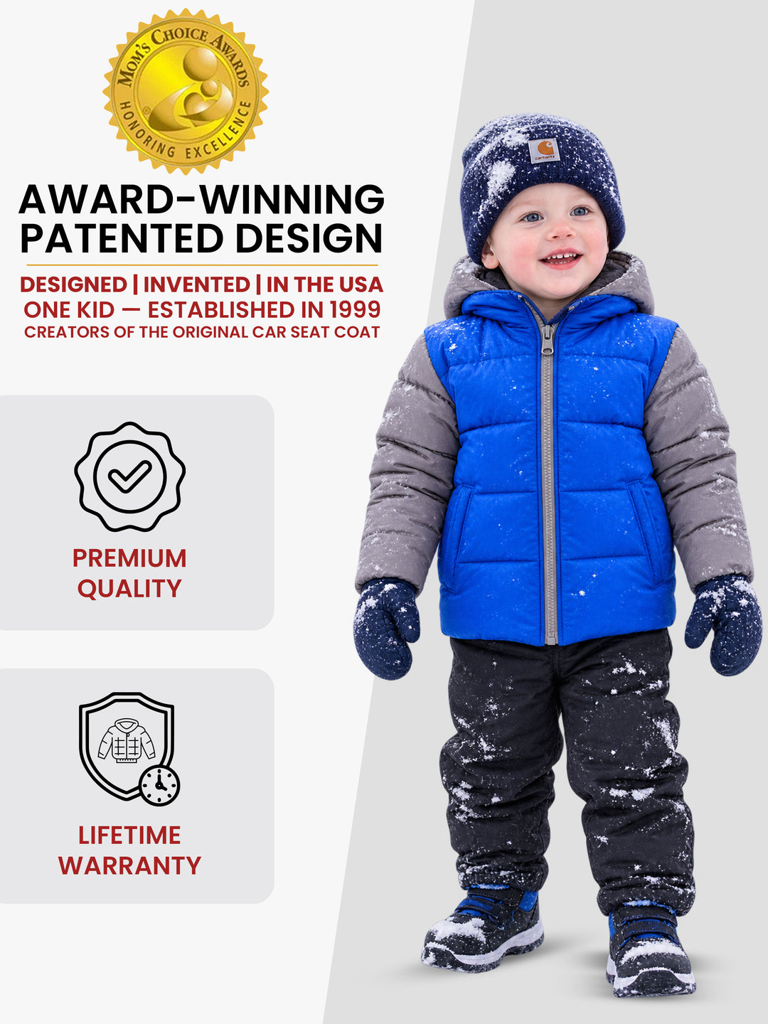 Car Seat Coat | The Road Coat Down - Platinum/Royal Blue