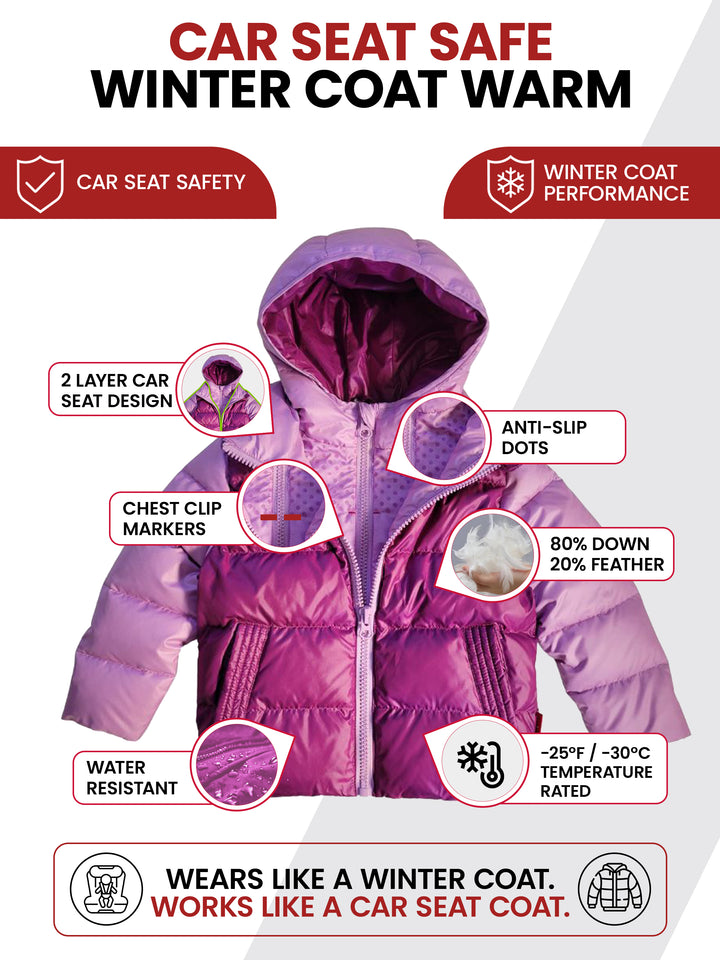 The Road Coat Down - Plum Lilac - Car Seat Safe Winter Coat Features