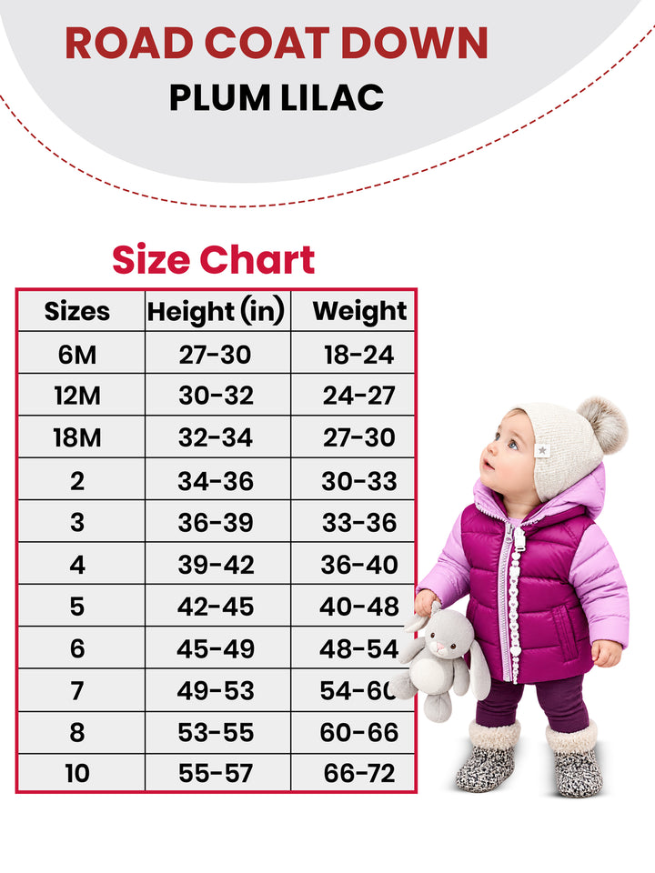 The Road Coat Down - Plum Lilac - Kids Winter Coat Size Chart