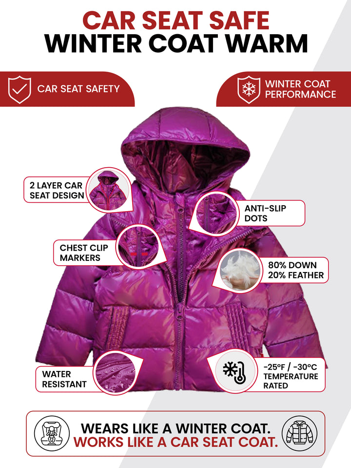 The Road Coat Down - Plum - Car Seat Safe Winter Coat Features