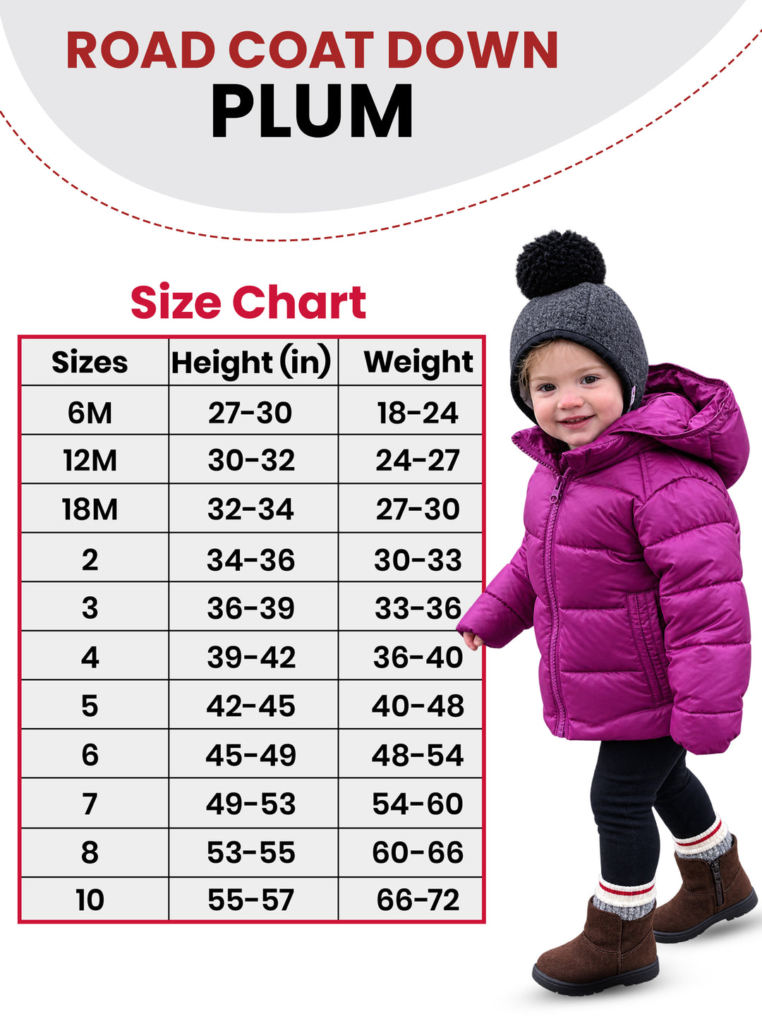 The Road Coat Down - Plum - Kids Winter Coat Size Chart