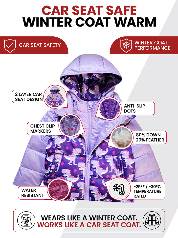 The Road Coat Down - Purple Raptor - Car Seat Safe Winter Coat Features