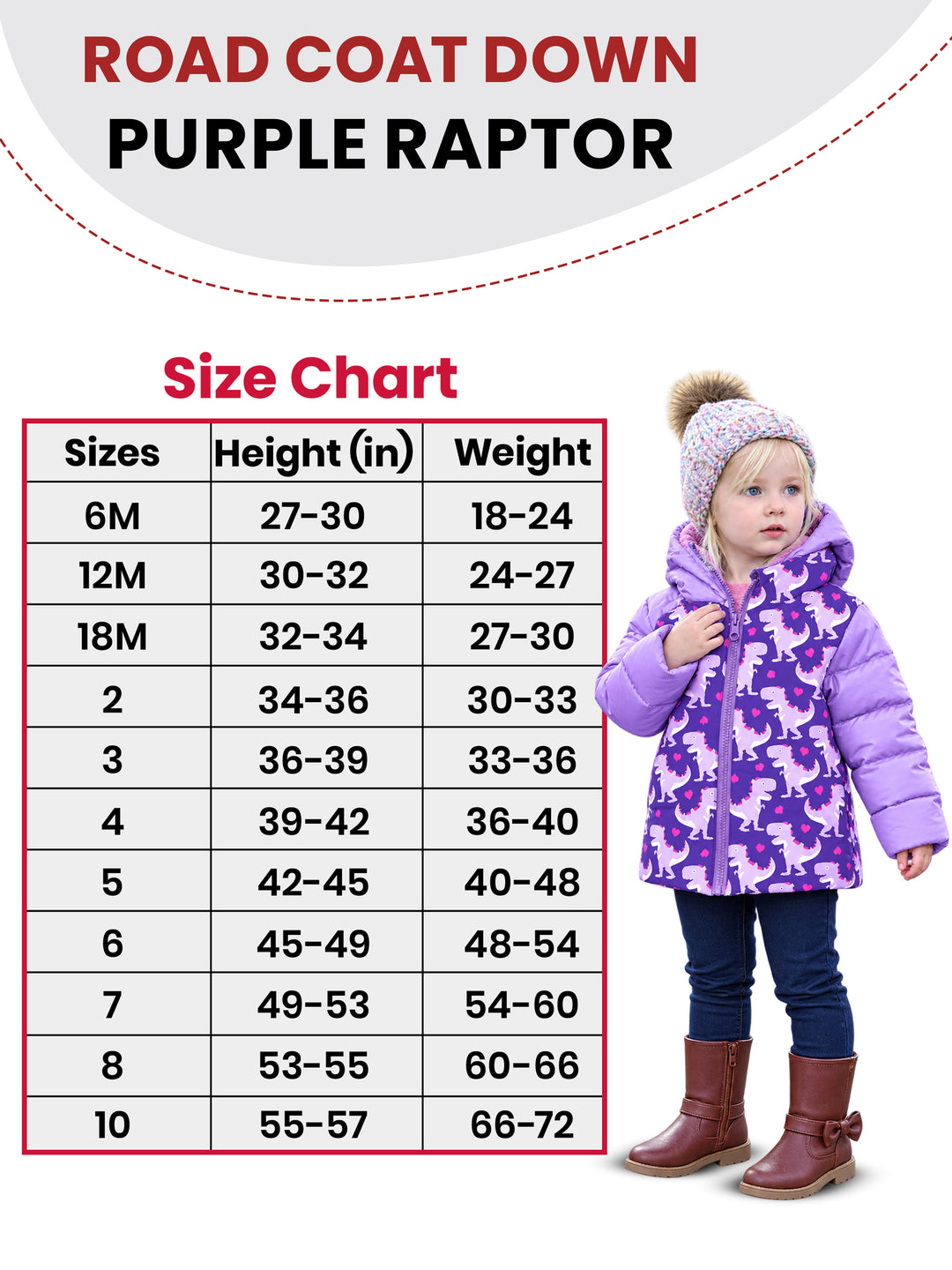 The Road Coat Down - Purple Raptor - Kids Winter Coat Size Chart