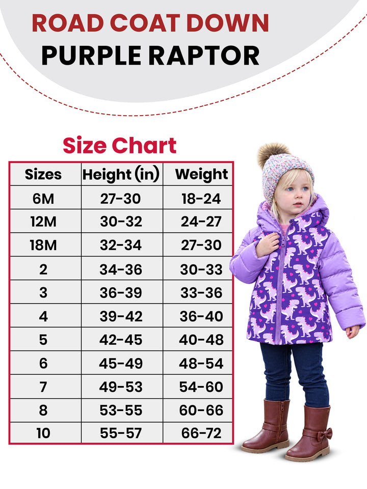 The Road Coat Down - Purple Raptor - Kids Winter Coat Size Chart