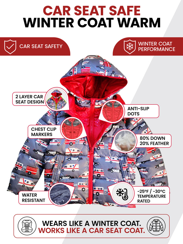 The Road Coat Down - Rescue - Car Seat Safe Winter Coat Features