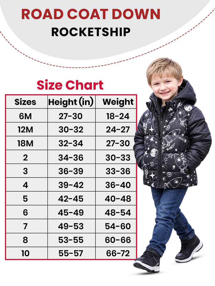 The Road Coat Down - Rocketship - Kids Winter Coat Size Chart