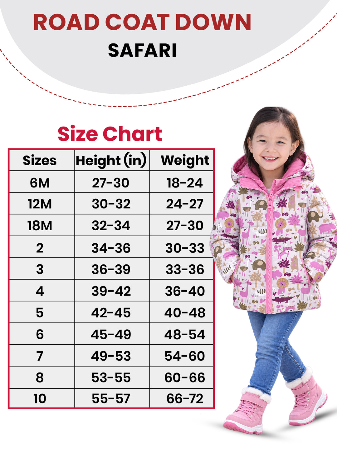The Road Coat Down - Safari - Kids Winter Coat Size Chart