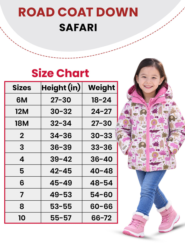 The Road Coat Down - Safari - Kids Winter Coat Size Chart