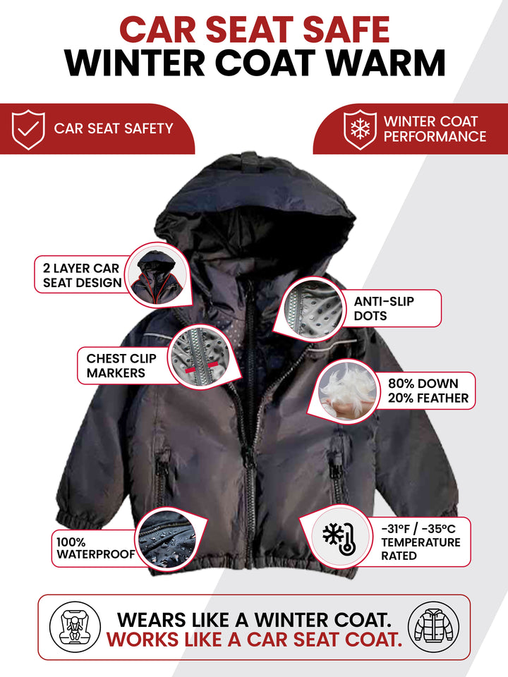 The Road Coat Arctic -  Black - Car Seat Safe Winter Coat Features