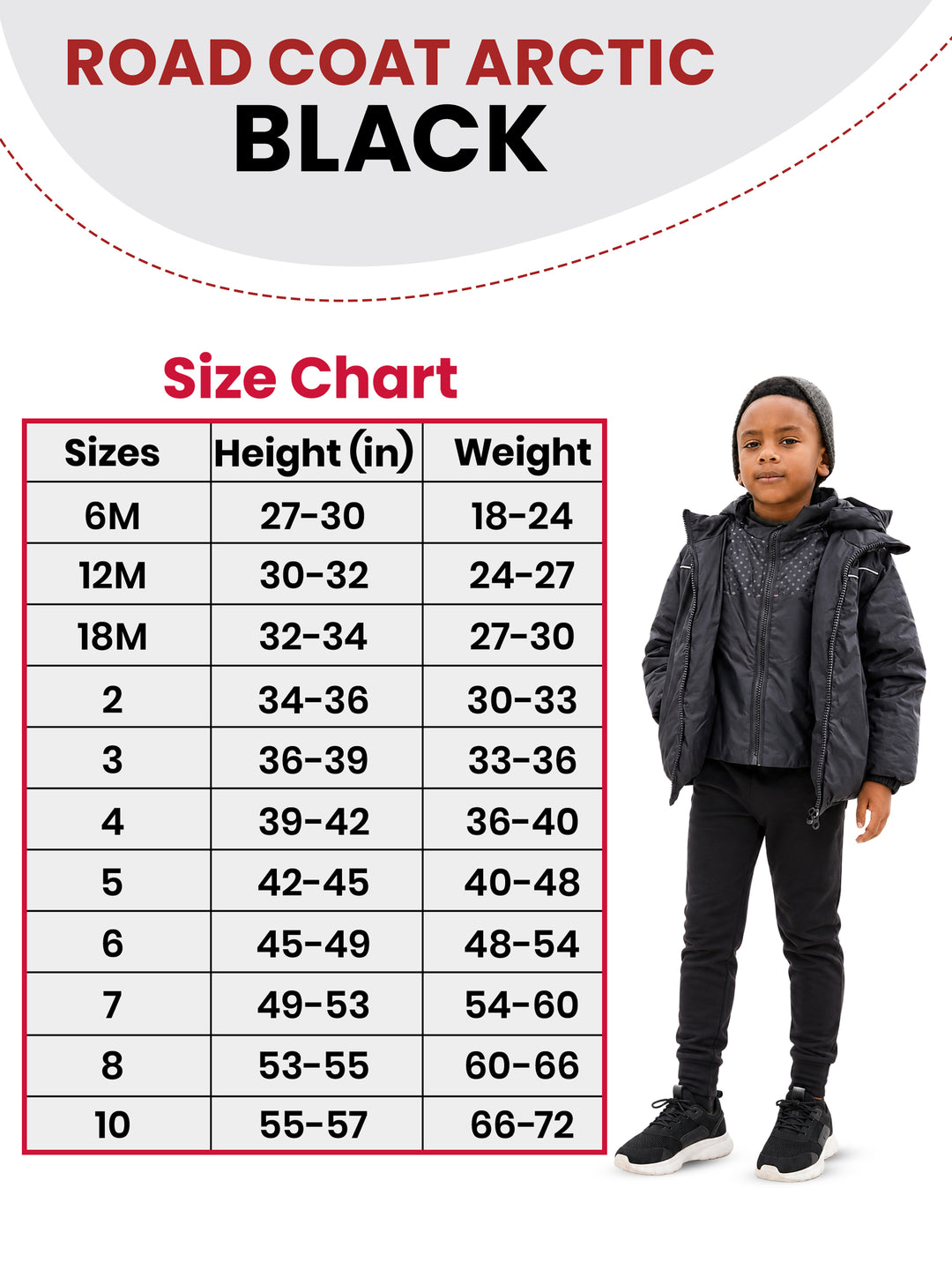 The Road Coat Arctic -  Black - Kids Winter Coat Size Chart