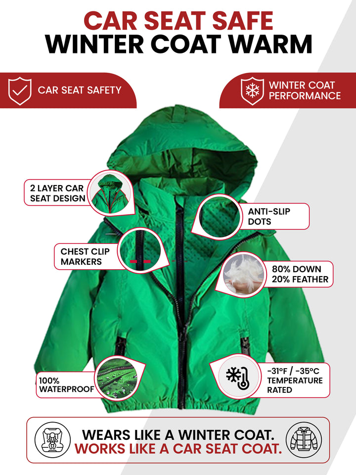 The Road Coat Arctic - Green- Car Seat Safe Winter Coat Features