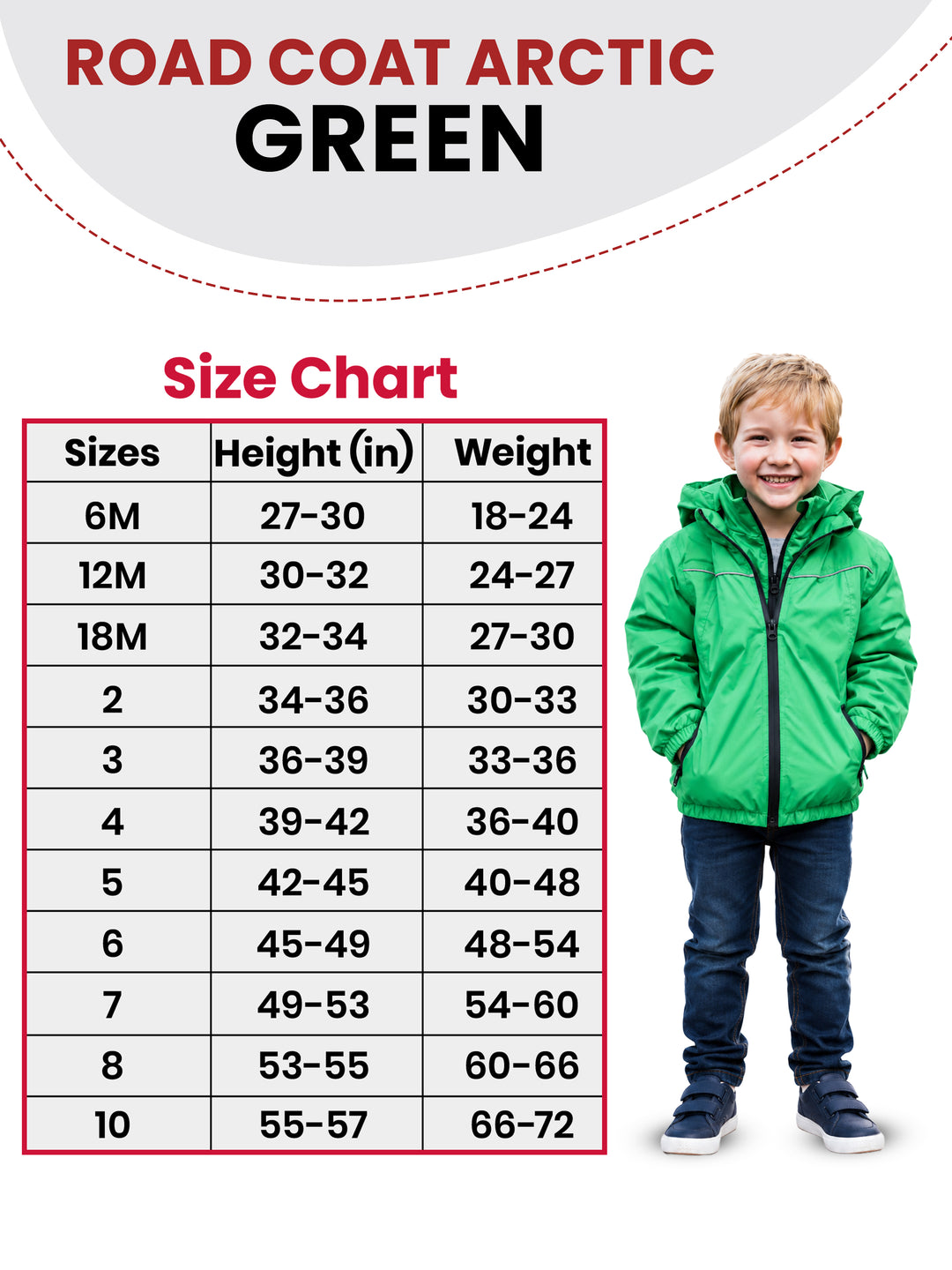 The Road Coat Arctic - Green- Kids Winter Coat Size Chart