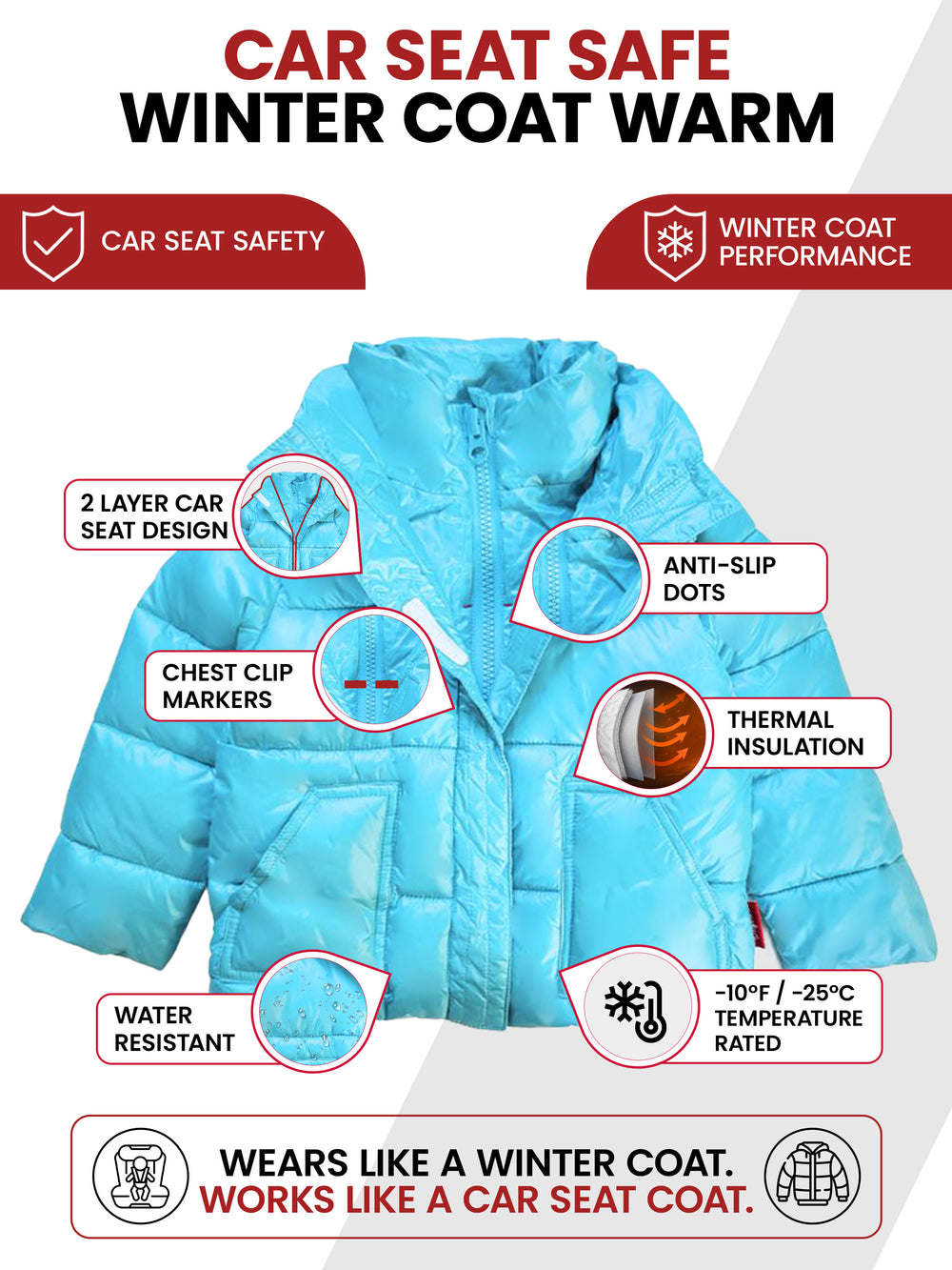 The Road Coat Vegan -  Purple - Car Seat Safe Winter Coat Features