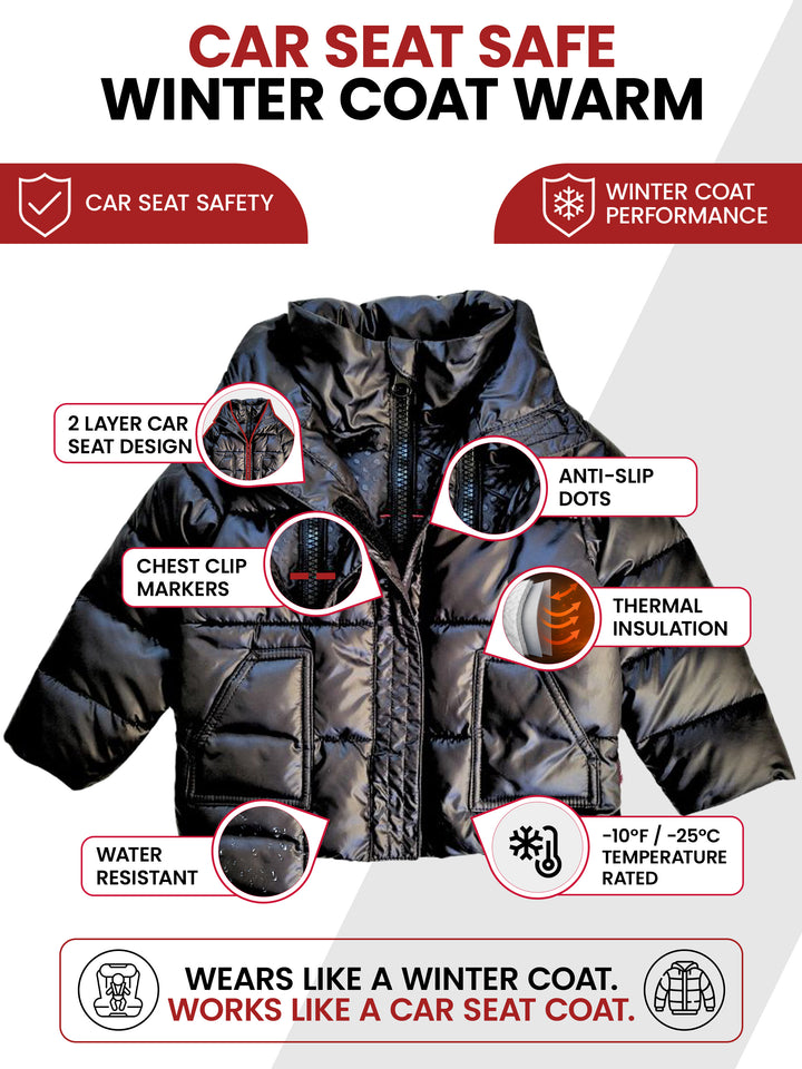 The Road Coat Vegan - Black - Car Seat Safe Winter Coat Features