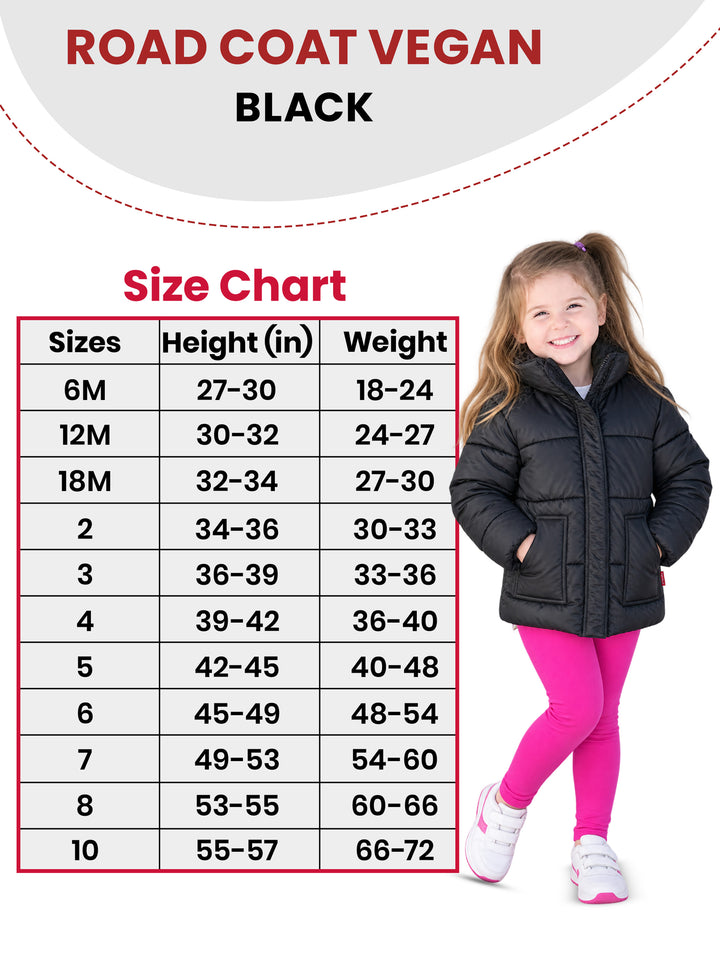 The Road Coat Vegan - Black - Kids Winter Coat Size Chart