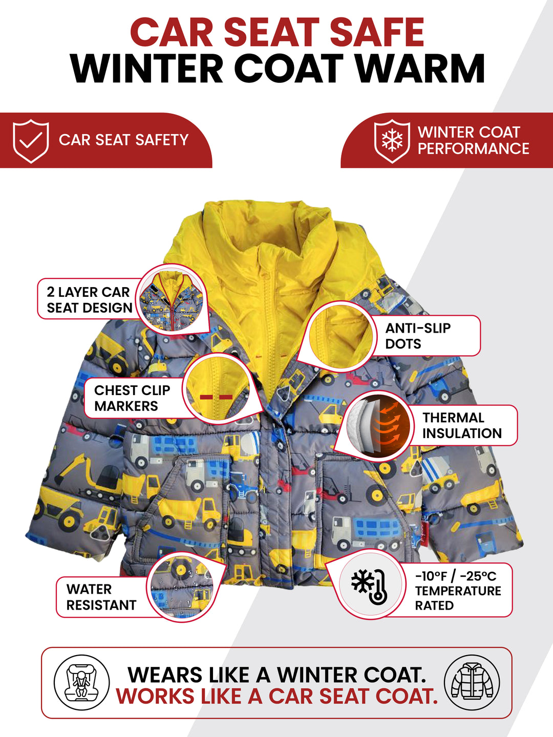 The Road Coat Vegan - Construction Print - Car Seat Safe Winter Coat Features