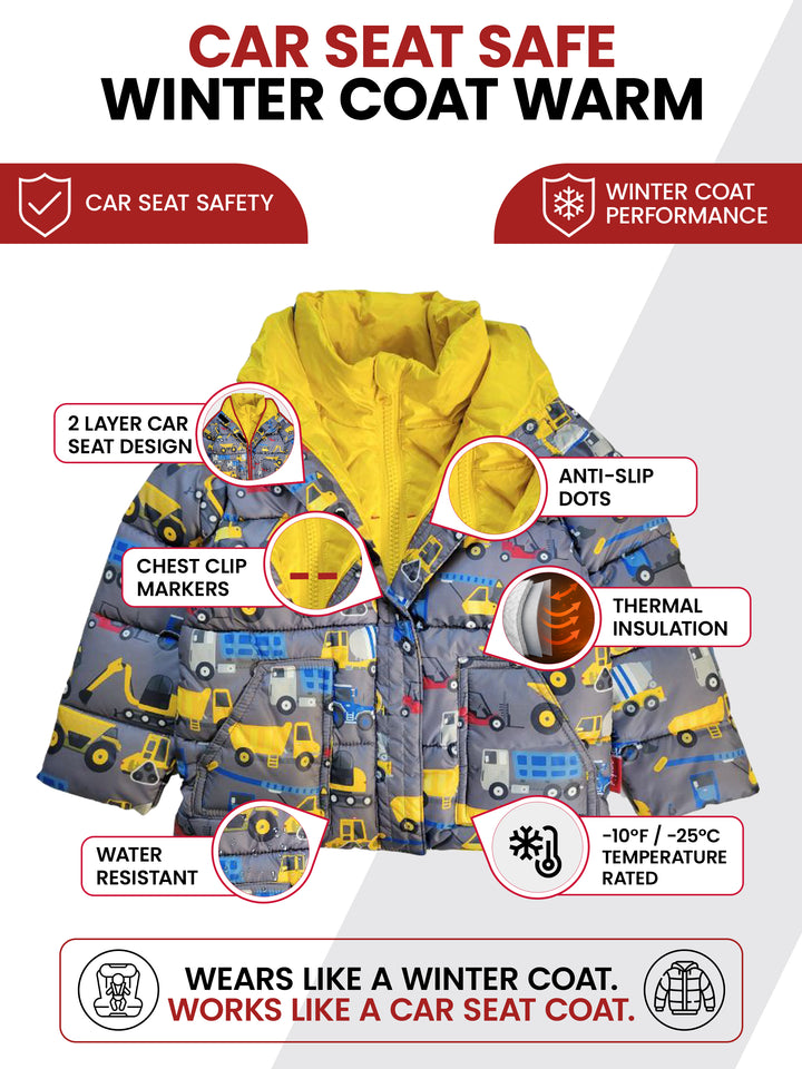 The Road Coat Vegan - Construction Print - Car Seat Safe Winter Coat Features