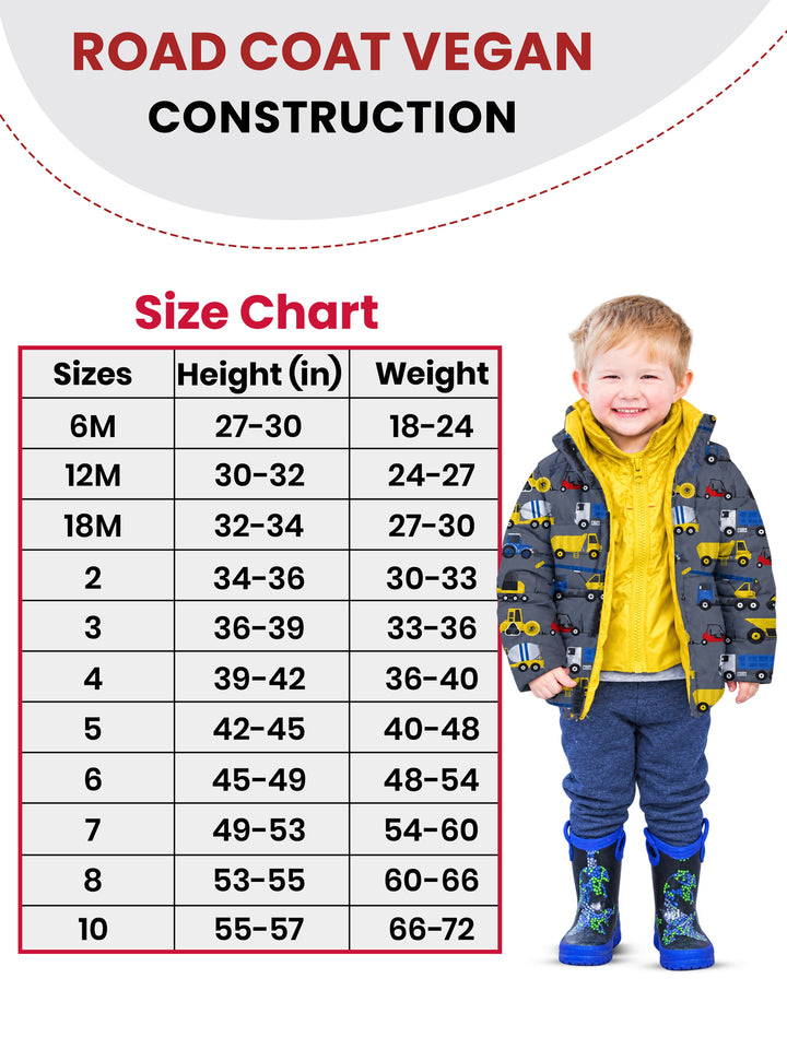 The Road Coat Vegan - Construction Print - Kids Winter Coat Size Chart