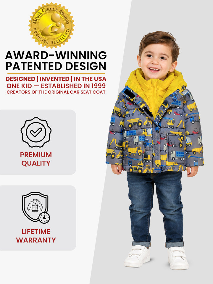 The Road Coat Vegan - Construction Print - Award-Winning Patented Kids Coat