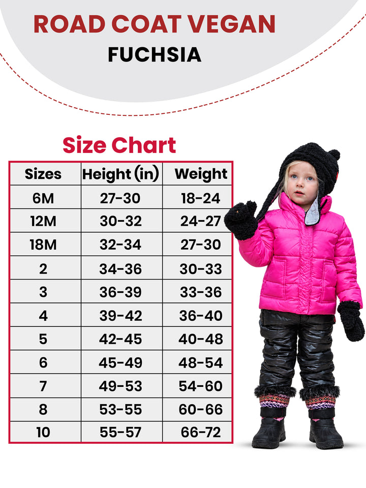 The Road Coat Vegan - Fuchsia - Kids Winter Coat Size Chart