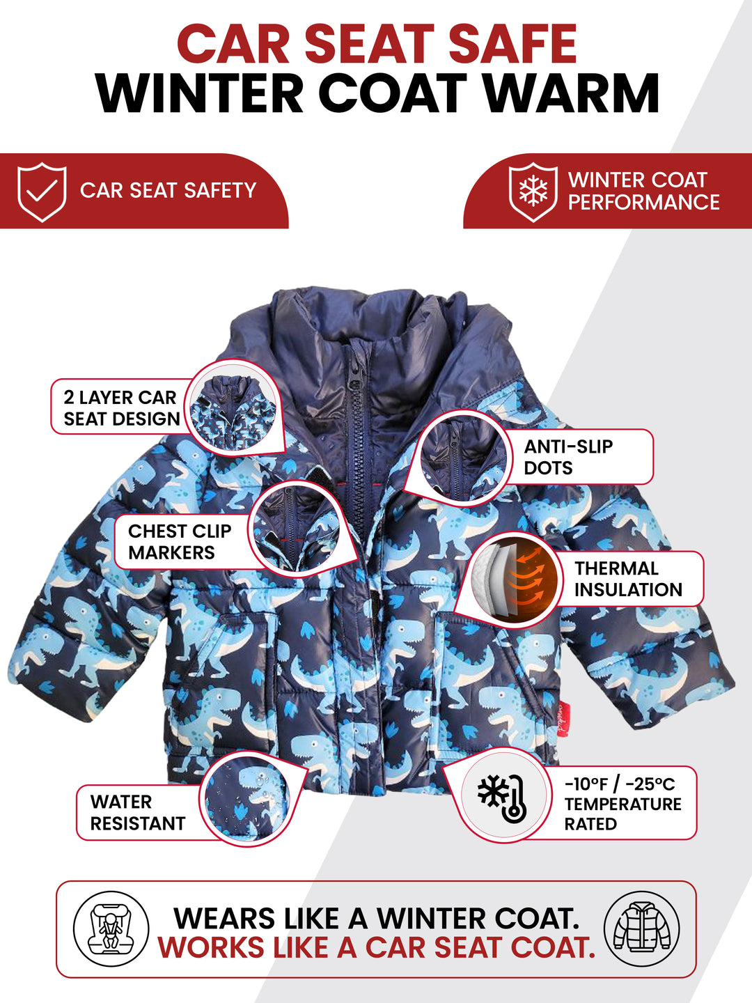 The Road Coat Vegan - Navy Raptor Print - Car Seat Safe Winter Coat Features