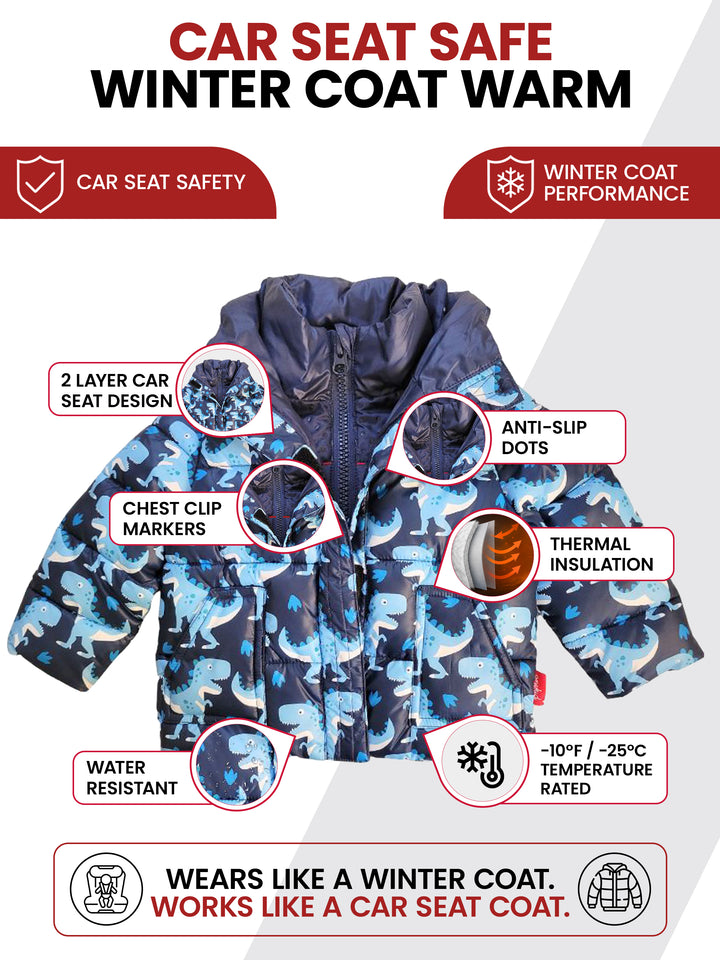 The Road Coat Vegan - Navy Raptor Print - Car Seat Safe Winter Coat Features