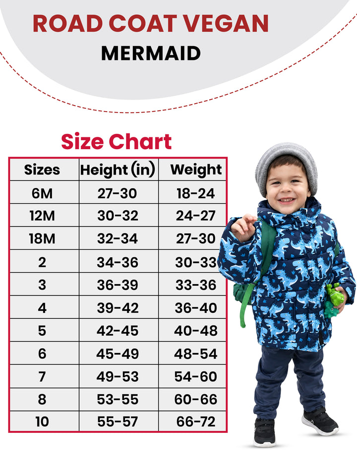 The Road Coat Vegan - Navy Raptor Print - Kids Winter Coat Size Chart