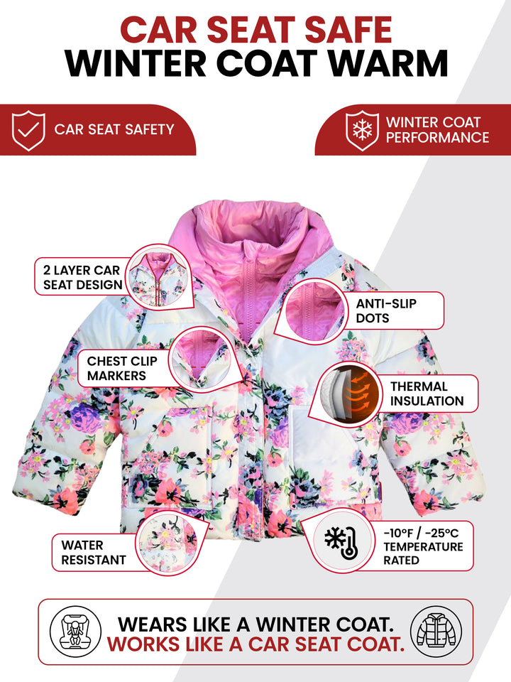 The Road Coat Vegan - Floral Print - Car Seat Safe Winter Coat Features