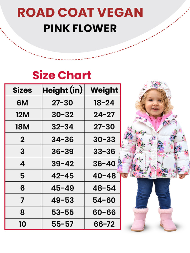 The Road Coat Vegan - Floral Print - Kids Winter Coat Size Chart