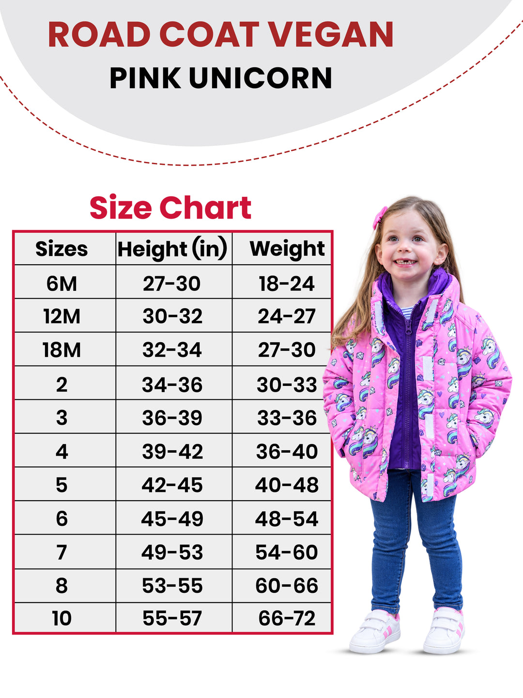 The Road Coat Vegan - Unicorn - Kids Winter Coat Size Chart