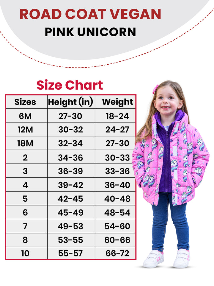 The Road Coat Vegan - Unicorn - Kids Winter Coat Size Chart